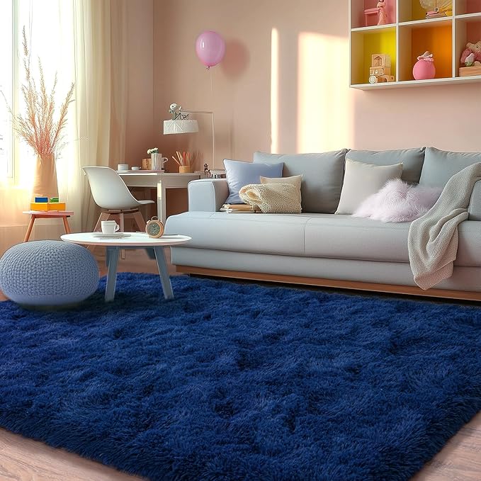 Shag Area Rugs for Living Room, Soft Fuzzy Plush Rugs, Upgrade Anti-Skid Modern Furry Rugs Fluffy Carpets for Kids Room Nursery Home Decor Dark Blue, 5X7 Feet