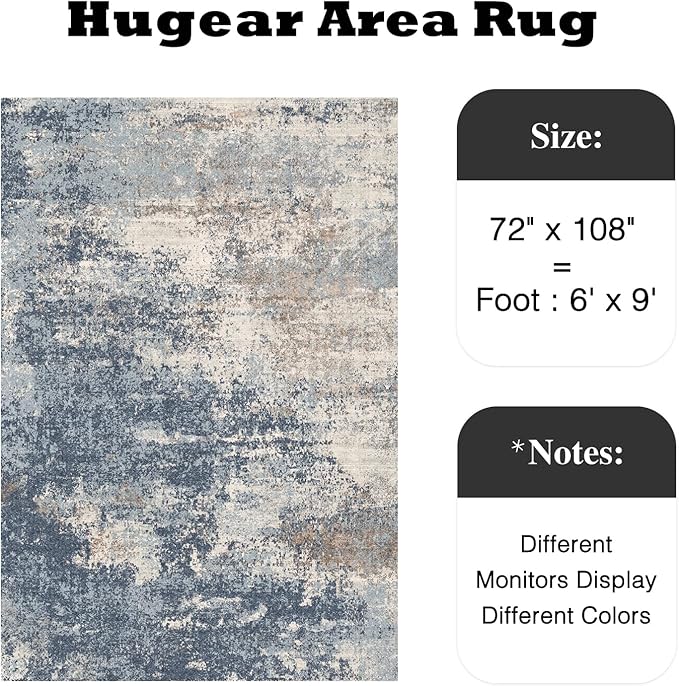 6x9 Washable Rugs Dark Blue Hallway Large Area Rug Indoor Accent Rug Abstract Non Slip Low Pile Carpet Distressed Throw Rug for Bedroom Living Room Office Dining Room Kitchen Laundry Room