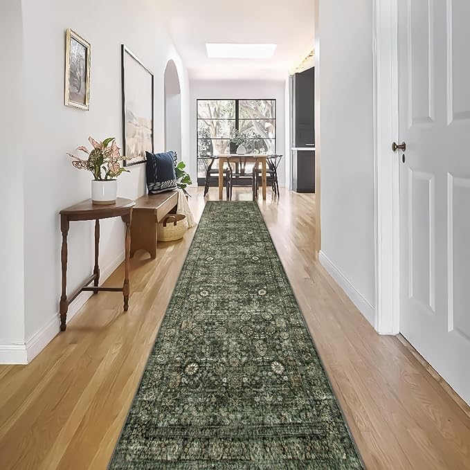 Morebes Vintage Carpet Runners for Hallway 12ft,Washable Extra Long Runner Rug for Entryway Indoor Non-Slip,Distressed Retro Soft Throw Rug for Kitchen Farmhouse Dining Room, Dark Green