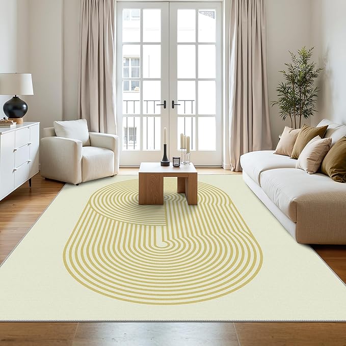 Bavni 5x7 Area Rugs, Abstract Machine Washable Rug Non Slip, Modern Printed Soft Living Room Rug, Stain Resistant Rugs for Bedroom, Dining Room, Beige Yellow Lines