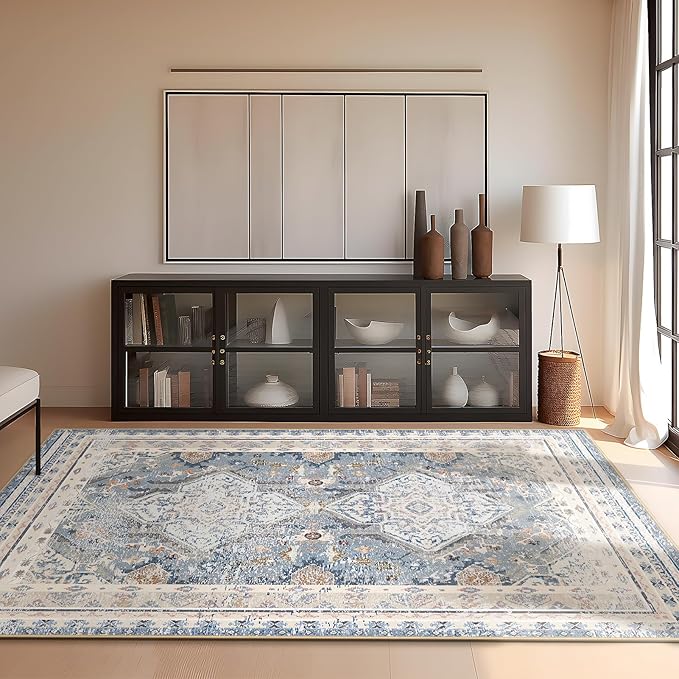 Phantoscope Vintage Collection Area Rug 6'x9' - Large Living Room Rug - Washable Rug Boho Rugs Non-Slip for Bedroom Dining Room, Low-Pile Floor Carpet Distressed Accent Rug, Dusty Blue/Multi