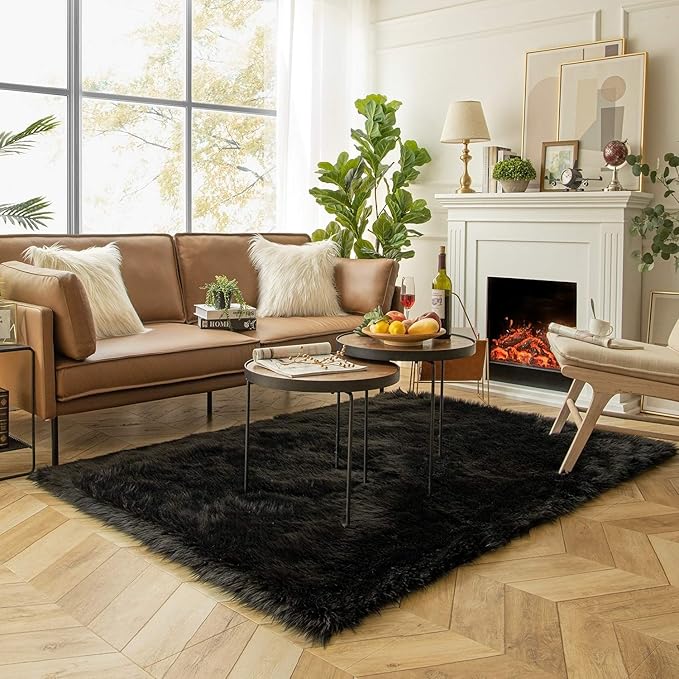 Ashler Faux Fur Rug, Fluffy Shaggy Area Rug Ultra Soft 5 x 7 Feet Rectangle Fur Rug Black Fuzzy Rug Machine Washable Shag Rug, Nursery Decor Throw Rugs for Bedroom, Kids Room, Living Room