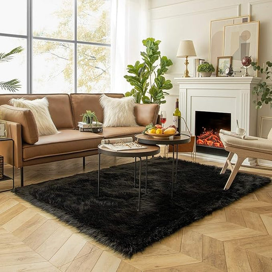 Ashler Faux Fur Rug, Fluffy Shaggy Area Rug Ultra Soft 5 x 7 Feet Rectangle Fur Rug Black Fuzzy Rug Machine Washable Shag Rug, Nursery Decor Throw Rugs for Bedroom, Kids Room, Living Room