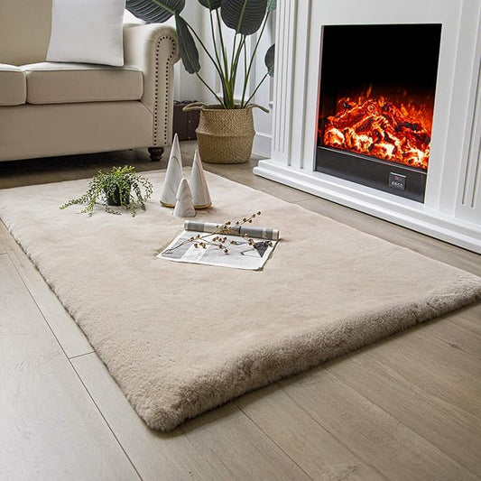 Ashler Faux Fur Rug, Ultra Soft Faux Rabbit Fur, Beige Area Rugs, 3 x 5 Feet Rectangle, Machine Washable Nursery Decor Throw Rugs for Bedroom, Kids Room, Living Room