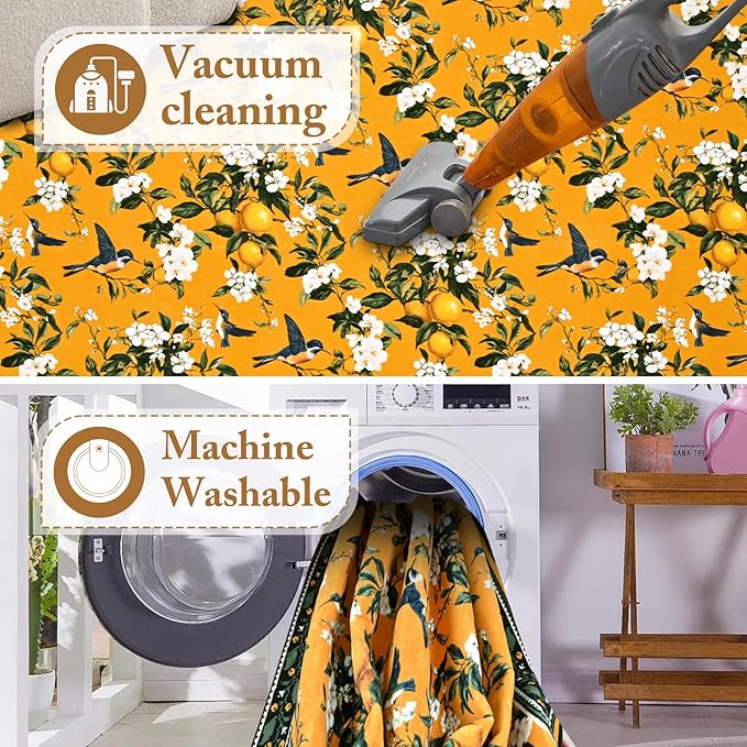 ASPMIZ Yellow Floral Area Rug, Lemon Hummingbird 3x5 Rug Washable Non Slip, Vintage Rugs for Living Room, Foldable Low Pile Soft Throw Rug Carpet for Bedroom Kitchen Dining Room Nursery Office