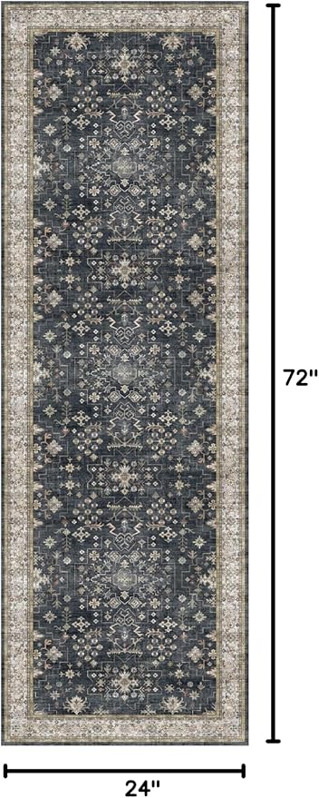 Black Boho Washable 2x6 Runner Rugs for Hallway Kitchen Bedroom Beside Laundry Room Bathroom Rug, Pet & Kids Friendly, Non Slip Low Pile Stain Resistant Soft Faux Wool Long 24 x 72 Floor Carpet