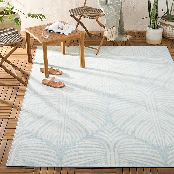 Tommy Bahama Lanai Palm Leaves Indoor Outdoor Area Rug, Leaf Tropical Design, UV Fade Resistant, Blue/Ivory, 5'2"x7'2"