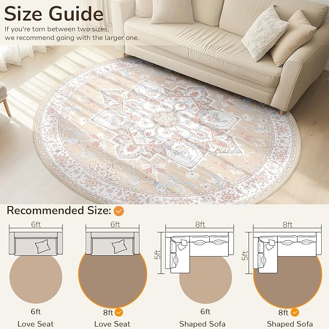 BESTSWEETIE 6ft Area Rugs for Living Room Washable Non Slip Carpet Low Pile Soft Vintage Print Pattern Rug for Bedroom Dining Room Kitchen Entryway Indoor-Cream/Light Yellow/Brown/Blue/Red/Pink