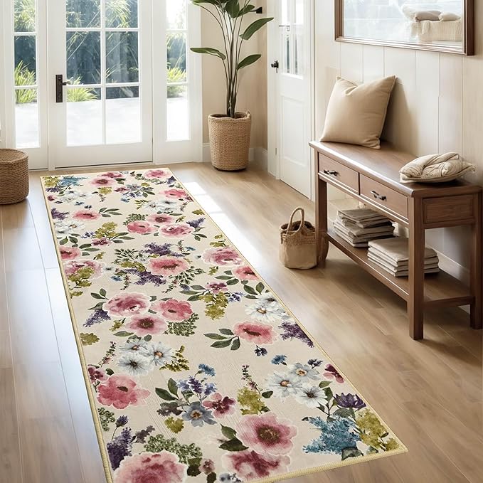 2x6 Runner Rug for Hallways Kitchen Machine Washable Boho Floral Rug Runner Non-Slip Soft Low Pile Long Floor Carpet Runner for Laundry, Bedroom, Entryway (Beige)