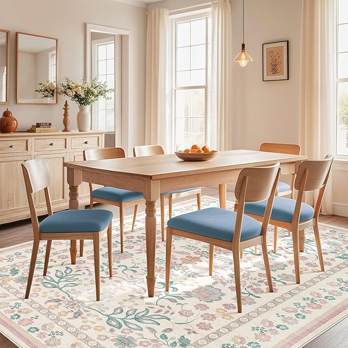 5x7 Area Rug Living Room Rugs - Washable Boho Vintage Floral Large Soft Non Slip Thin Rug Low Pile Carpet for Bedroom Dining Room Kids Playroom Office Decor Indoor- Pink