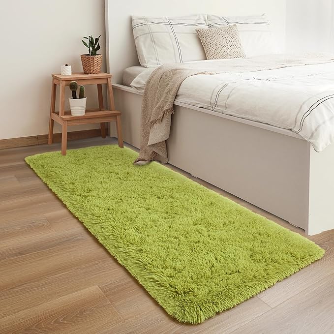 YJ.GWL Fluffy Runner Rugs for Bedroom Living Room Soft Shag Rug 2x6 Feet, Green Plush Carpet Non Slip for Nursery Dorm, Fuzzy Bedside Rug for Kids Boys Girls Room Home Decor