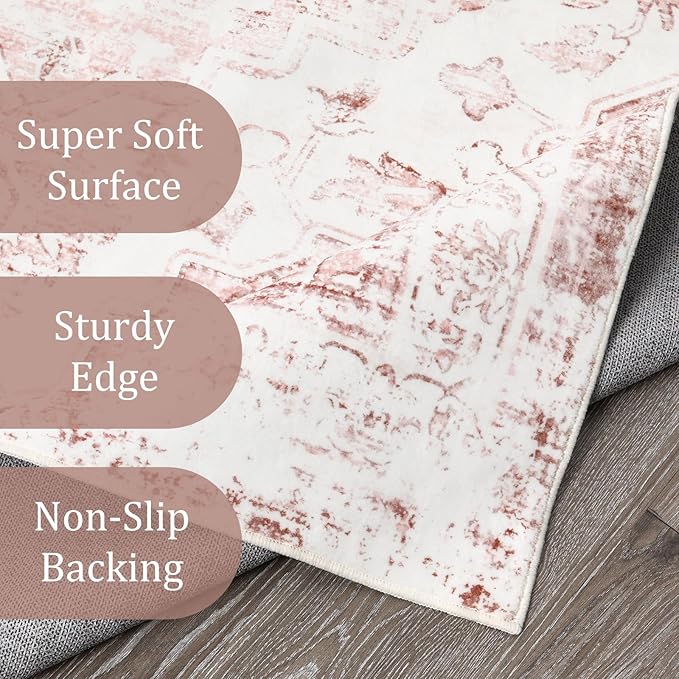 Morebes Boho 5x7 Pink Rugs for Bedroom Girls, Soft Low Pile Nursery Rug Washable Carpet for Living Room, Neutral Non Slip Indoor Floor Carpet for Kids Room Playroom Dining Room