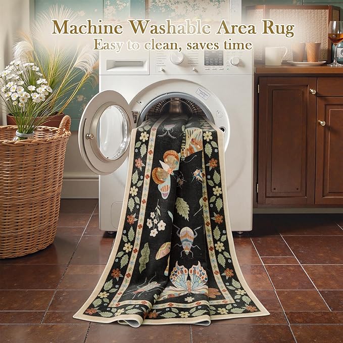 Beeiva Insect Print Rug 8x10, Washable Throw Rugs for Bedroom Under Bed, Boho Non Slip Low Pile Ultra Thin Foldable Large Carpet for Office, Kids Room, Playroom, Living Room - Black