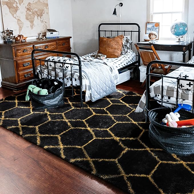 ONASAR 5x7 Area Rugs for Living Room Bedroom, Washable Fluffy Black and Gold Faux Fur Rug, Geometric Boho Soft Plush Shaggy Floor Carpet Mat for Nursery Kids Girls Boys Teen Dorm Home Office Decor