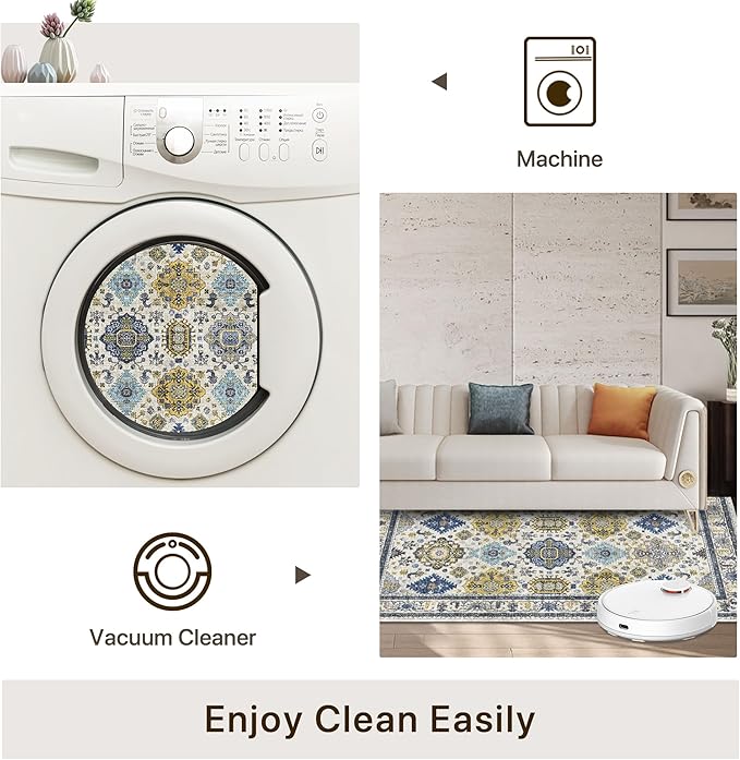 2x8 Runner Rug Non Slip, Machine Washable Rug Runners for Hallways, Vintage Distressed Print Kitchen Runner, Low Pile Lightweight Carpet Runner for Entryway, Laundry, Bedroom, Bathroom Ivory Blue