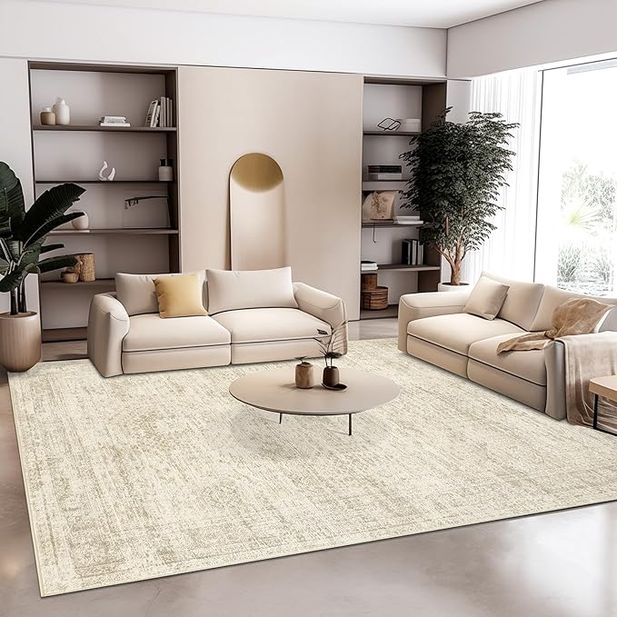 10x14 Area Rugs for Living Room, Non Slip Machine Washable Vintage Rugs, Low Pile Lightweight Large Rug for Bedroom, Dining Room, Home Office Beige