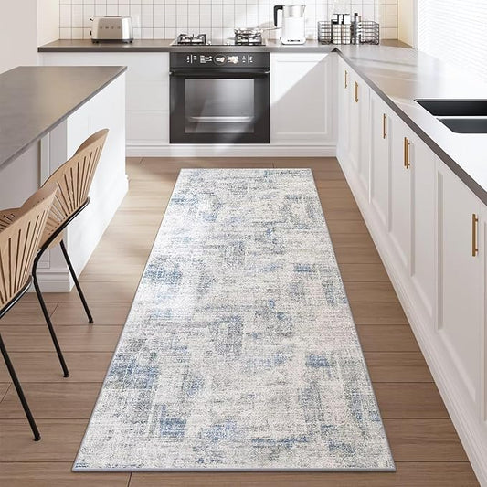 Eleisa Modern Abstract 2x8 Hallway Runner Rug, Grey & Light Blue, Non-Slip Washable Low Pile Rugs, Vintage Rug Hallway Indoor Carpet for Kitchen, Entryway and Laundry Room
