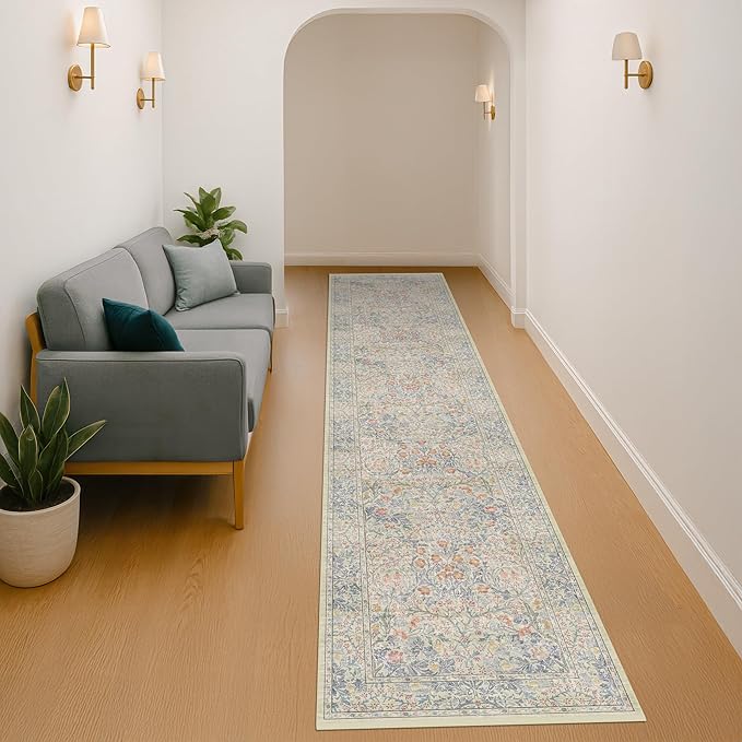 Washable Beige Blue 2x10 Runner Rug for Hallway Kitchen Entryway Laundry Room, Non-Slip Stain Resistant Long Floor Mat, Vintage Floral Aethestic Design (Beige Blue 2x10)