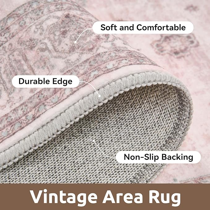 AMOAMI-Vintage Area Rug 3x5 Pink Rugs for Living Room-Soft Washable Rug Non Slip Entryway Rug Indoor Vintage Throw Accent for Bedroom Laundry Room Dining Bathroom Bedside