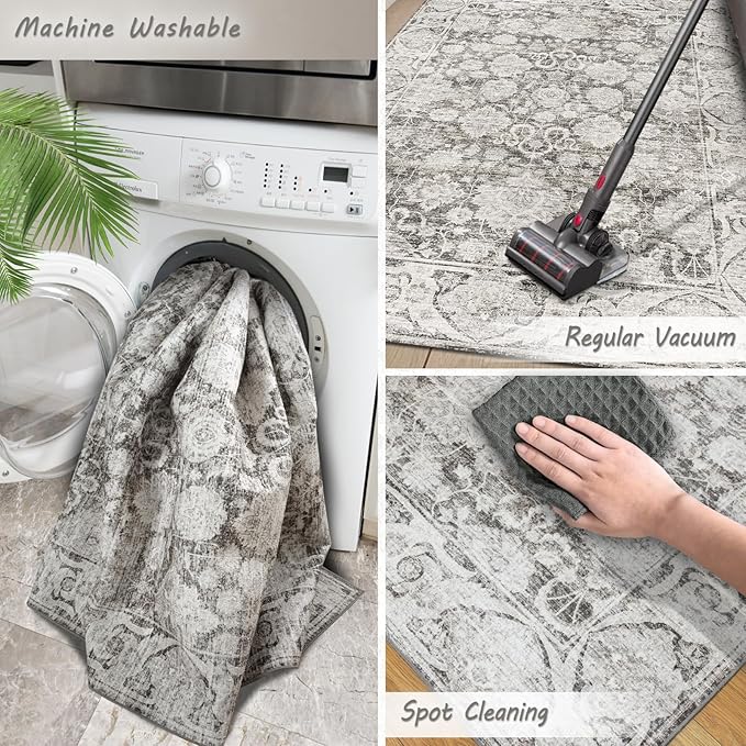 Floral Living Room Rug 8x10, Washable Taupe Area Rugs for Bedroom, Vintage Rug 8x10, Soft Pet Friendly Stain Resistant Floor Carpets for Dining Room Decor (Taupe, 8X10)
