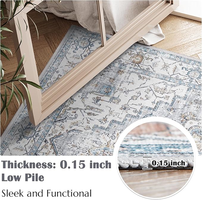 jinchan Hallway Runner Rug 2x10 - Kitchen Machine Washable Vintage Floral Non-Slip with Rubber Backing Ultra-Thin Carpet for Bedroom Laundry Room Living Room (2x10ft,Grey/Blue)