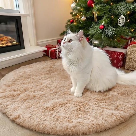 OLANLY Beige Round Rugs for Bedroom - Machine Washable, 3x3 Feet Circle Area Rugs for Living Room, Soft and Fluffy Shaggy Carpet for Teen Girls and Boys, Nursery Rooms, Dorms, Home Decor Aesthetic