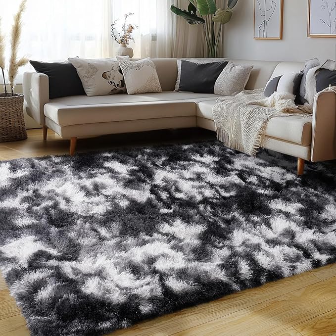 Fluffy Rug for Living Room Shaggy Soft Area Rug High Pile Fuzzy Rug Non-Slip Indoor Floor Carpet Plush Area Rugs for Living Room Tie Dye Black White 6x9