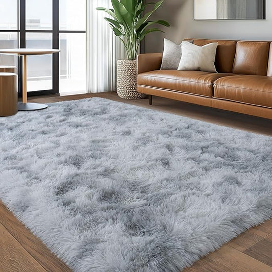 5x7 Shaggy Rugs for Living Room, Tie-Dyed Light Grey Fluffy Area Rug for Bedroom, Soft Plush Shag Carpet for Kids Room, Indoor Non-Slip Fuzzy Rug