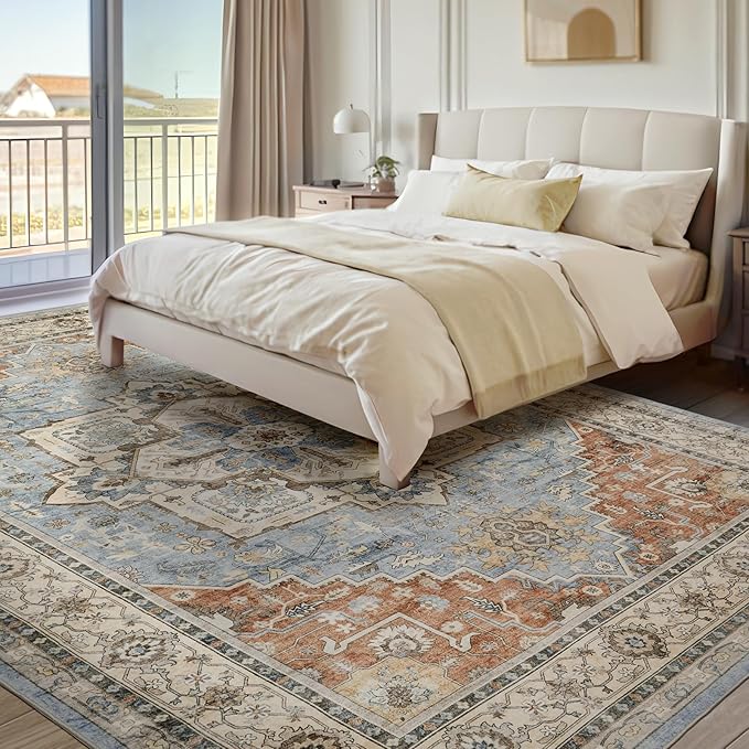 Area Rugs for Living Room 9x12 - Large Machine Washable Vintage Oriental Soft Rug, Low Pile Thin Carpet with Non Slip Backing for Bedroom, Dorm, Under Dining Room Table, Indoor House, Office Decor