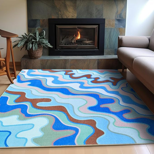 Vintage Abstract 4x6 Area Rug Ultra Thin Funky Aesthetic Colorful Striped Living Room Rug Washable Cute Blue Throw Carpet for Kitchen Entryway Bedroom Dorm Nursery