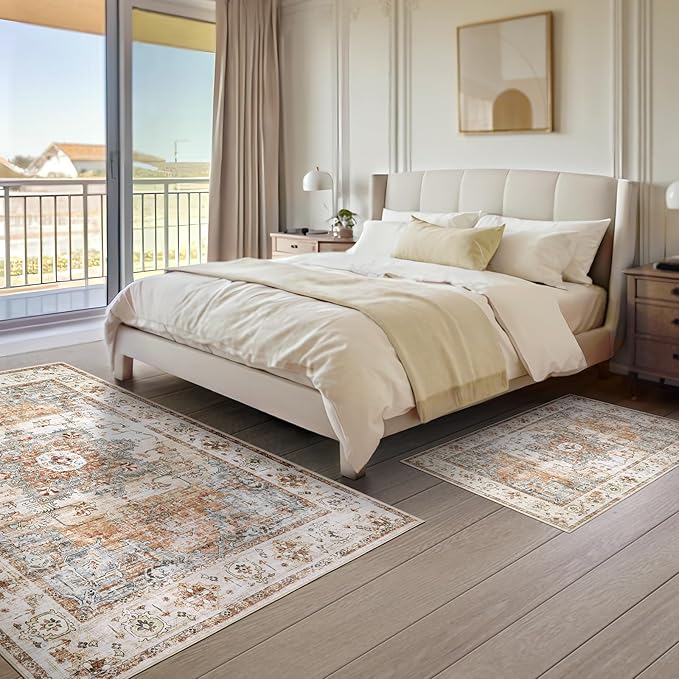 Area Rugs for Living Room 9x12 - Large Machine Washable Vintage Oriental Soft Rug, Low Pile Thin Carpet with Non Slip Backing for Bedroom, Dorm, Under Dining Room Table, Indoor House, Office Decor
