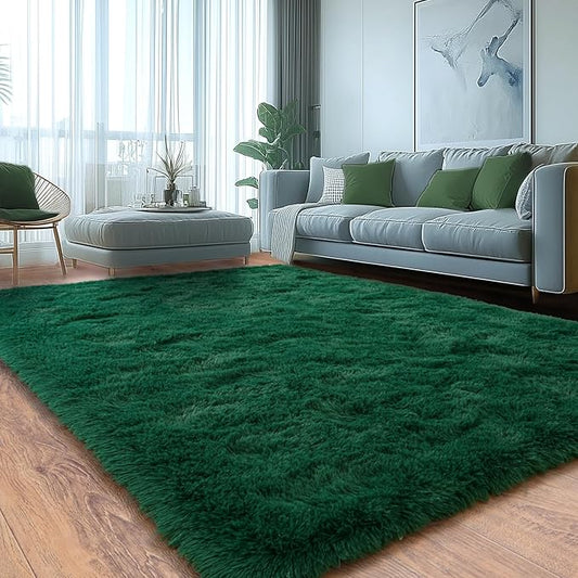 Modern Fluffy Area Rug, Green, 6x9 Feet, Machine Made, Tie-Dye, Rectangular, Microfiber, Indoor, Stain Resistant, Hand Wash Only