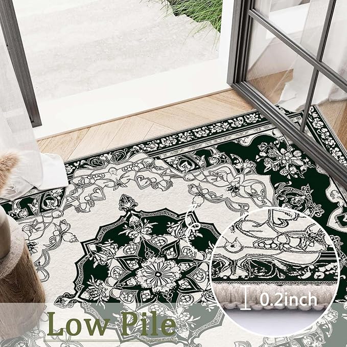 2x3 Area Rug Machine Washable Entryway Rugs White Green Vintage Boho Rug Non-Slip Low Pile Door Mat Entrance Small Carpet for Home Kitchen Bathroom Bedroom