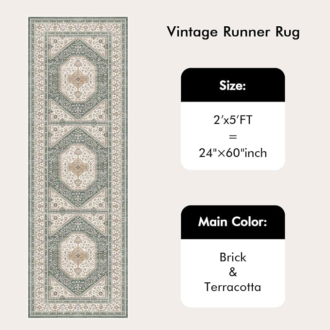 2x5 Runner Rug for Hallway Washable: Non Slip Kitchen Rugs with Rubber Backing Soft Waterproof Mats Stain Resistant Indoor Vintage Carpet Runner for Bedroom Bathroom Laundry Entryway Green/Beige