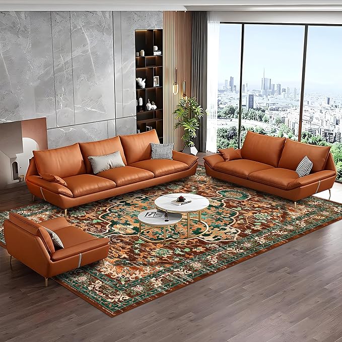 U'Artlines Boho Vintage Area Rug 8x10 Machine Washable Low Pile Ultra-Thin Soft Floor Carpet Non Slip Non Shedding Accent Rug for Living Room Bedroom Entryway Dining Room Office(Rust＆Teal)