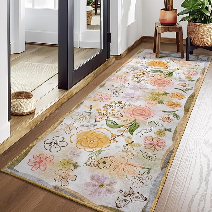 ST. BRIDGE Beige Runner Rug 2x6, Washable Rug Runners for Hallway Entryway Bedroom, Non-Slip Low Pile Boho Floral Throw Rugs Soft Faux Wool Floor Carpet for Kitchen, Bathroom, Laundry