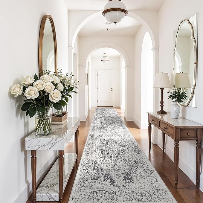 Washable Hallway Runner Rug 3x16: Soft Vintage Kitchen Laundry Runner Non Slip Low-Pile Entryway Living Room Stain Resistance Indoor Floor Long Carpet for Bedroom Bathroom, Grey