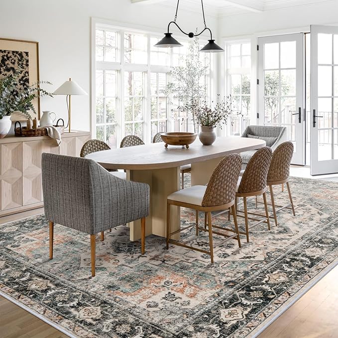 Washable Area Rug 9x12 - Living Room Farmhouse Vintage Oriental Rug Large Distressed Non-Slip Stain Resistant Carpet for Bedroom Dining Room Home Office (9x12 Sage Green/Orange)