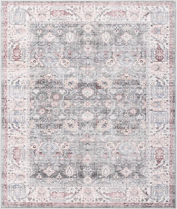 Carvapet Rugs for Living Room Bedroom, Vintage Low Pile Large Carpet with Rubber Backing, Non Slip Foldable, Machine Washable (9 x 6 Feet Rectangular, Grey/Pink Area Rug)