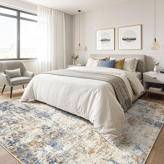 10x12 Area Rug Living Room: Washable Large Abstract Modern Soft Rugs Stain Resistant Indoor Floor Non Slip Accent Carpet for Bedroom Nursery Playroom Office Dining Room Dorm Home House- Tan Blue