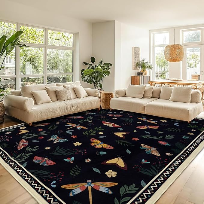 ASPMIZ Insect Area Rug 8X10 Living Room Rug, Spring Summer Washable Rug Non Slip, Farmhouse Butterfly Rugs for Living Room Low Pile, Soft Faux Wool Throw Carpet for Kids Room Dining Room, Black