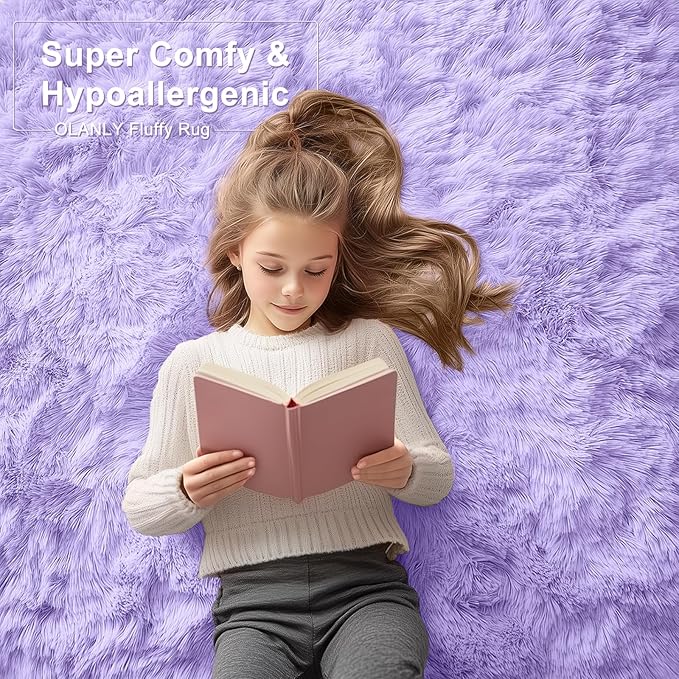 OLANLY 2x4 Machine Washable Runner Rugs for Hallway, Soft Fluffy Shaggy Bedside Rugs for Bedroom, Living Room, Indoor Floor Carpet for Kids Girl Boy, Nursery Rooms, Home Decor Aesthetic, Light Purple