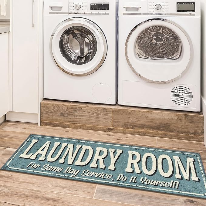Machine Washable Text Design Rug Non-Slip Rubberback 2x5 Laundry Room Runner Rug for Bathroom, Washroom, 20" x 59", Baby Blue