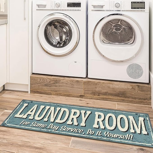 Machine Washable Text Design Rug Non-Slip Rubberback 2x5 Laundry Room Runner Rug for Bathroom, Washroom, 20" x 59", Baby Blue