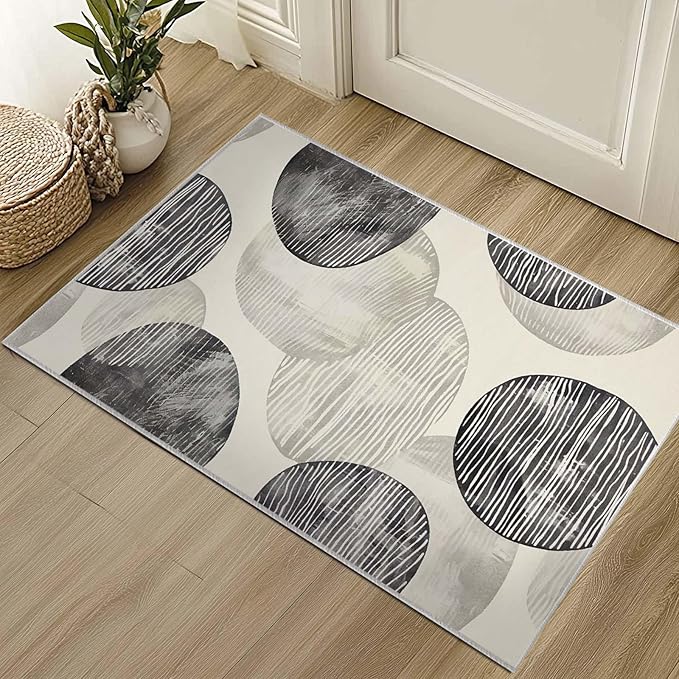 2x3 Entryway Rug Abstract Minimalist Black Beige Circle Neutral Area Rug Ultra-Thin Small Carpet Bathroom Non Slip Indoor Entrance Low Pile Door Mat Kitchen Stain Resistant Washable