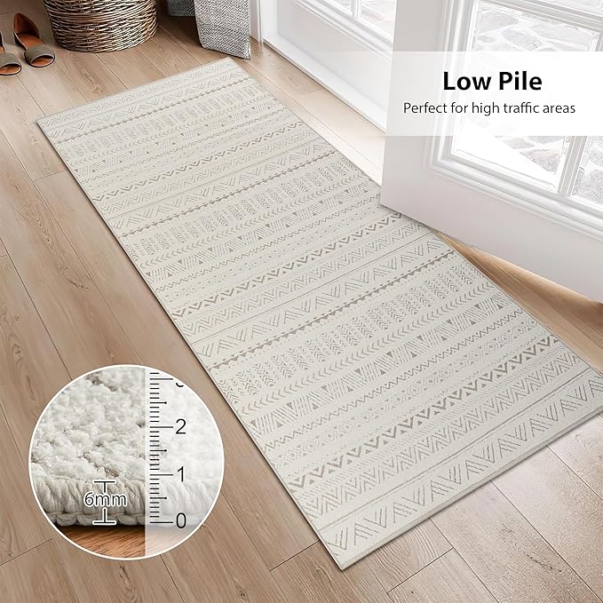 RYB HOME 2x6 Boho Washable Jacquard Runner Rug for Hallway, Non Slip 3D Textured Geometric Jacquard Carpet for Bedroom, None Shedding Area Rug for Kitchen Bathroom Hallway, Beige