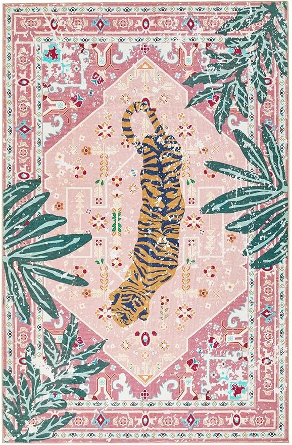 Washable Pink Rugs Boho Vintage Tropical Jungle 8x10 Area Rugs Tribal Oriental Carpet for Bedroom Kitchen Dining Living Room Office Distressed Indoor Cute Nursery Rug
