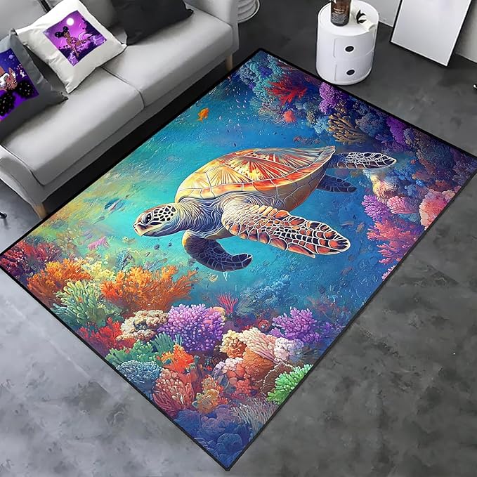 Sea Turtle Area Rug - Sea Turtle Rug for Bedroom Ocean Theme Rugs Ocean Animal Room Decor, 59" L x 39" W