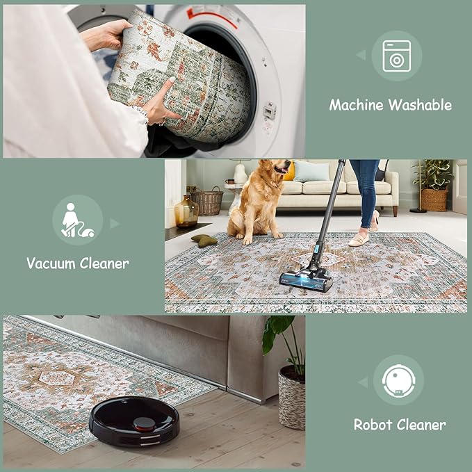 Moynesa Ultra-Thin Washable Runner Rug - 2x6 Bathroom Runner Washable Laundry Room Rug Printed Entryway Carpet Runner, Vintage Pet Friendly Low Pile Runners for Living Bedroom Kitchen, Beige/Gold