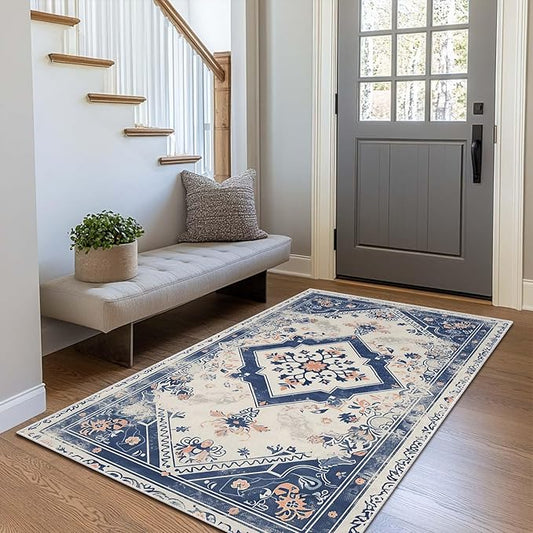 3x5 Entryway Rug Vintage Oriental Navy Blue Boho Beige Small Area Rug Bedroom Bedside Thin Carpet Bathroom Non Slip Indoor Entrance Low Pile Door Mat Kitchen Stain Resistant Washable Machine